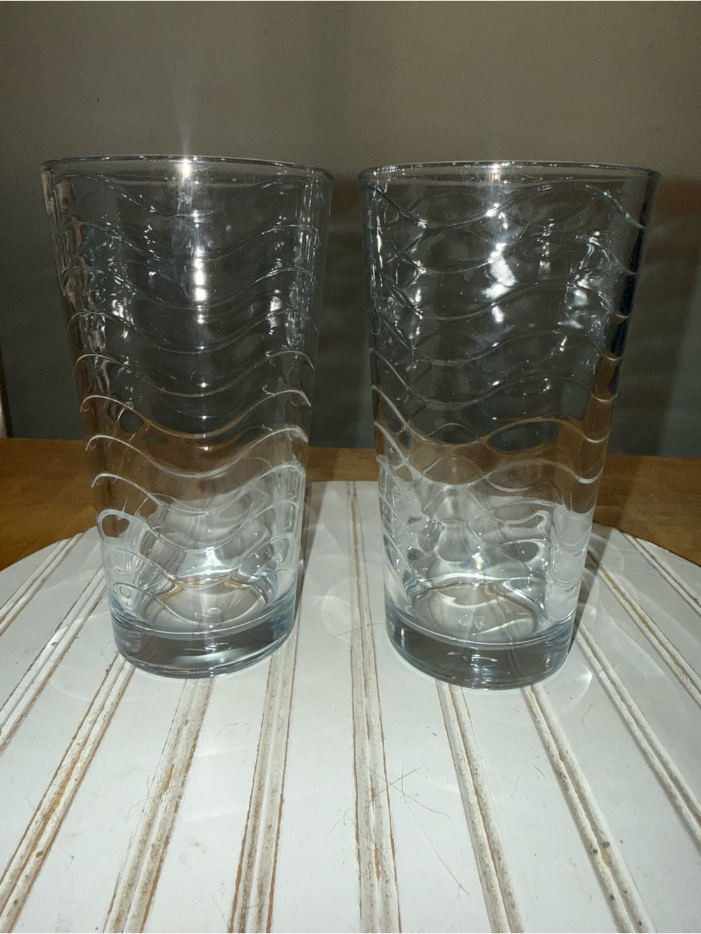 Pasabahce 'Toros' clear cooler glasses featuring a distinctive horizontal wave